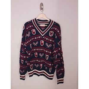 Vintage Tennis Crest Sweater XL Preppy Collegiate Dad Cotton Tricots St Raphael